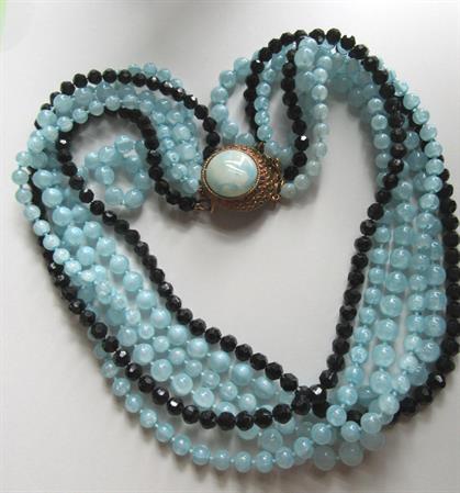 Vintage Selini Signed Multi Strand Necklace Blue and Black Beads