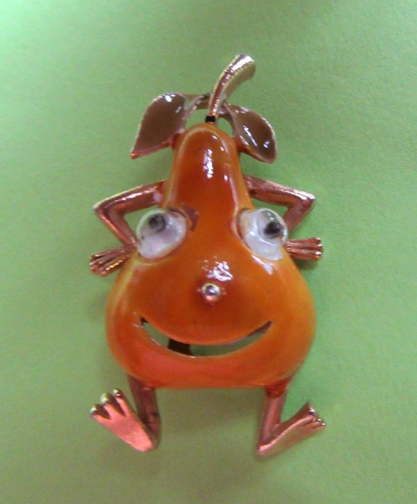 Vintage Anthropomorphic Pear Pin Google Eyes 
