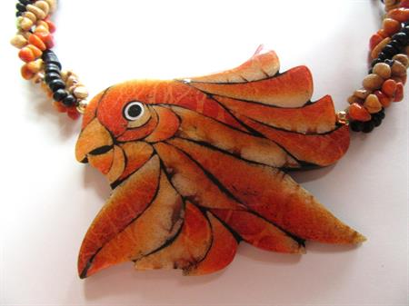 Lee Sands 1980's Cockatoo Necklace Genuine Apple Tiger Sponge Coral Tropical Birds Parrot Vintage Costume Jewelry