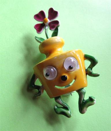 Anthropomorphic Vintage Google Eyes Pin Flower Vase Signed JJ Googly Vegetable Brooch Veggies 1960s Costume Jewelry Figural