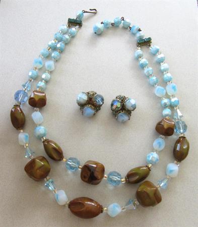 1950s Chunky Bakelite Glass and Crystal  Multi Strand Choker Necklace Earrings Set Mid Century Vintage Jewelry AS IS