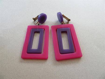 1960's Mod Rectangle Clip On Earrings Pink Purple Vintage Costume Jewelry Go Go '60's Accessories