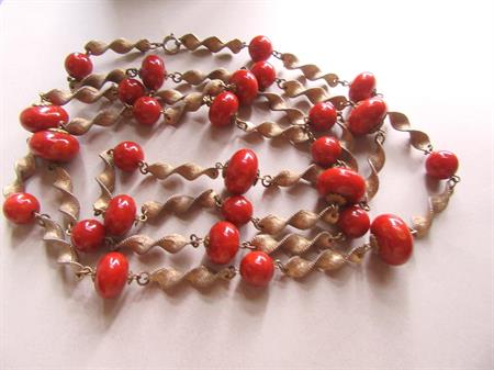 Vintage Bakelite Chain Necklace Paprika Yellow Swirl 27 Beads 52
