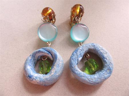 Funky 1960's Mod Blue Donut  Moonglow Clip Earrings Japan Vintage Jewelry