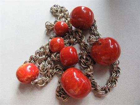 Vintage Chunky Bakelite Beads On Chain Necklace Paprika With Goregous Swirls