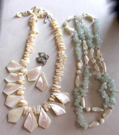 Two Vintage Mother of Pearl Necklaces Adventurine Nugget Beads Tiki Luau Beach Jewelry