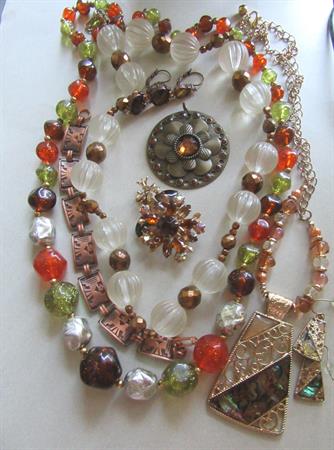 Vintage Jewelry Lot 1950's and Up Necklaces Rhinestone Pin Earrings Copper Bracelet