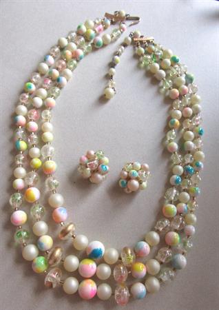 Vintage 1950's Tutti Frutti Multi Strand Necklace Earrings Set Japan Rainbow Jewelry