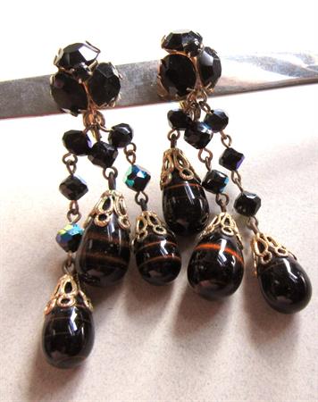 Vintage Art Glass and Black Rhinestone Clip Earrings