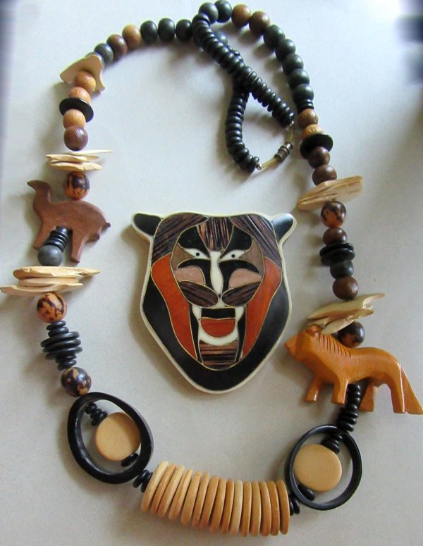 1980's Tribal Wood Necklace  Plus Inlay Pendant 