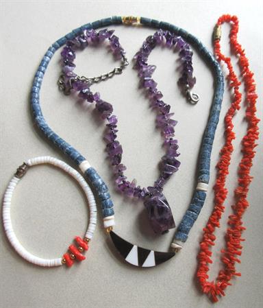 Vintage Blue and Orange Coral Necklaces Pucca Shell Bracelet Beach Jewelry Tropical
