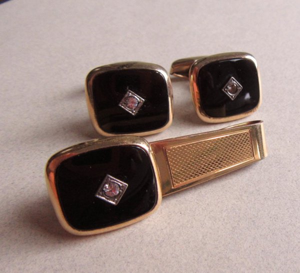 Vintage Simmons Black Onyx Cufflinks Tie Bar Set Men's Jewelry