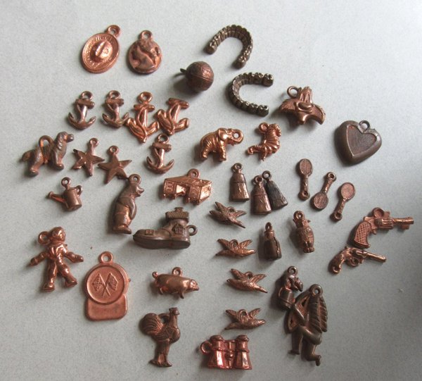 Large Vintage Cracker Jack ? Copper Charms Lot1 1930's -50's Gum Ball Charm
