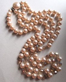 1950's Champagne Faux Pearl Crystals Necklace 50's Jewelry