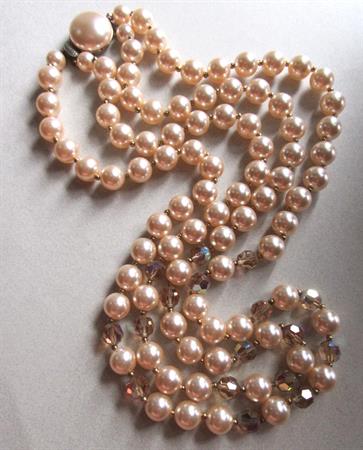1950's Champagne Faux Pearl and Crystals Necklace 50's Jewelry Accessories