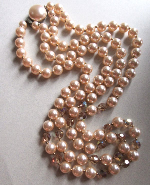 1950's Champagne Faux Pearl Crystals Necklace 50's Jewelry