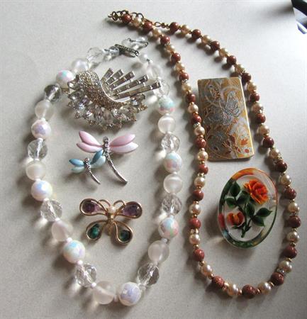 Vintage Jewelry Lot Glass Beads Western Germany Goldstone Necklace Lucite and Rhinestone Pin