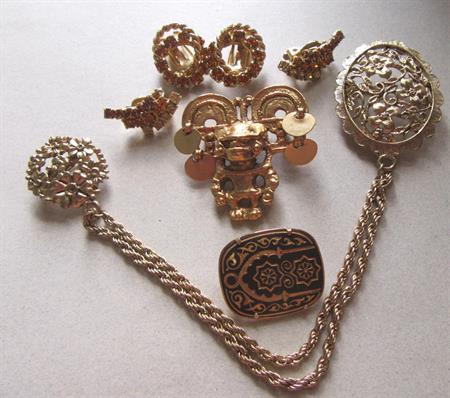 vintage Pin and Rhinestone EarringsLot Chatelain Damascene Myan Style Brooch