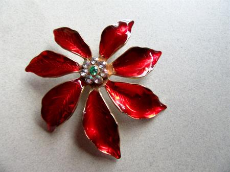 Red Enameled Poinsettia Rhinestone Pin Christmas Jewelry