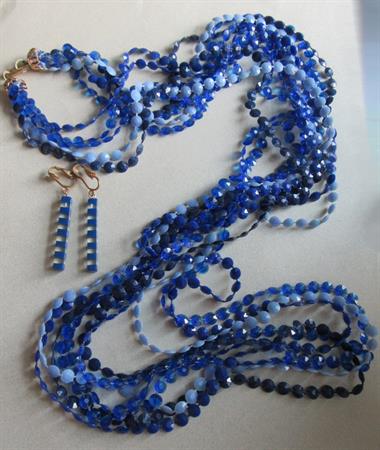 Mod 1960's Long Blue Multi Strand Necklace Hong Kong With Lucite Earrings Vintage Jewelry