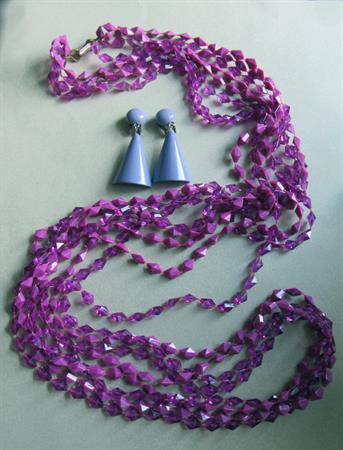 Vintage 1960's Mod Purple Long Multi Strand Necklace With 1980's Clip Earrings 