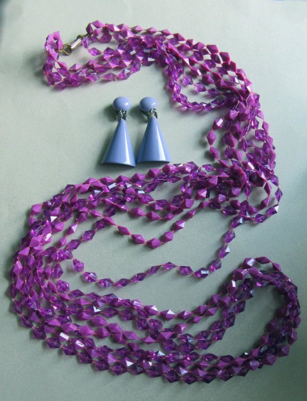 Vintage 1960's Mod Purple Necklace Plus 1980's Earrings 