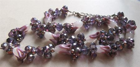 1990's Purple Hand Blown Glass Tulips Necklace With Crystal Beads