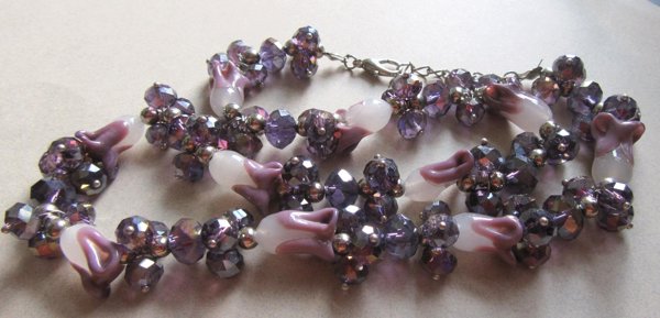 1990's Purple Glass Tulips Necklace With Crystal Beads