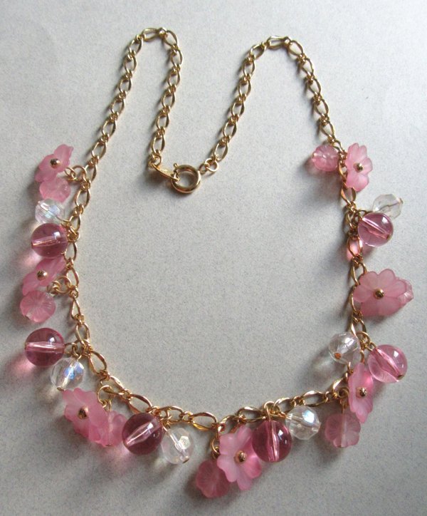 Trifari Pink Fower Necklace Glass Lucite  Signed Jewelry