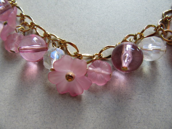 Trifari Pink Fower Necklace Glass Lucite  Signed Jewelry