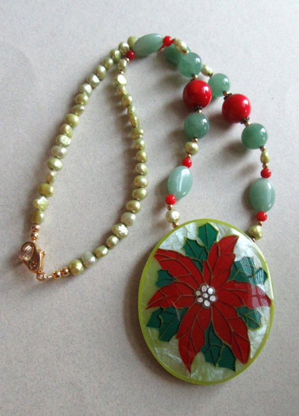 Lee Sands Christmas Poinsettia Necklace Freshwater Pearls Christmas Holiday Jewelry