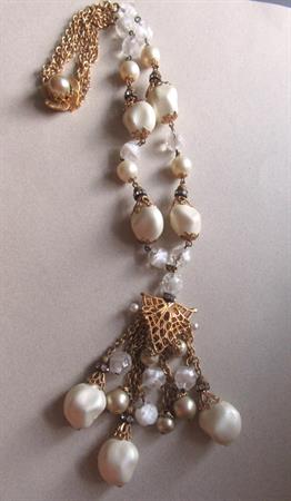 Vintage Haskell Style Glass and Faux Pearl Rhinestone Unsigned Waterfall Necklace