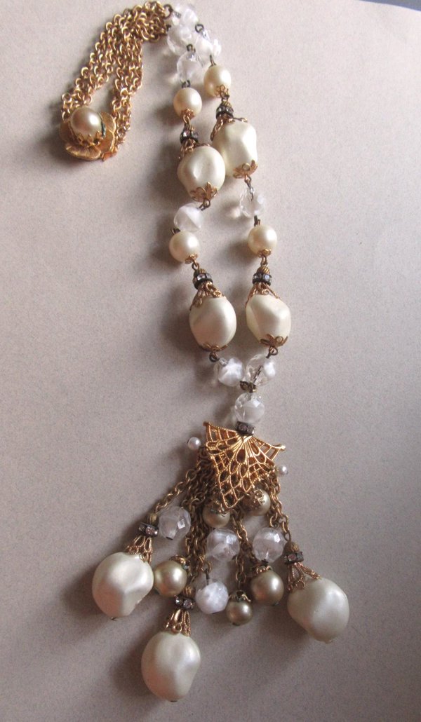 Vintage Glass Faux Pearl Rhinestone Waterfall Necklace