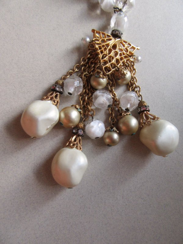 Vintage Glass Faux Pearl Rhinestone Waterfall Necklace