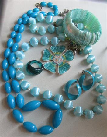 Vintage to New Blue Jewelry Lot Necklaces Shell Bracelet Lucite ring Mod Pierced Earrings