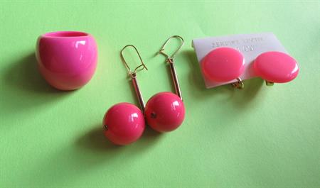 1960's Mod Pink Jewelry Lot Ball Pierced Earrings Lucite Ring and Clip Earrings