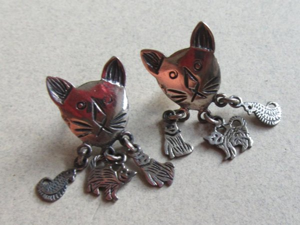 Sterling Silver Cat Kittens Charms Earrings Fine Jewelry