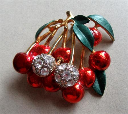 Rhinestone Cherries Pin Figural Fruit Cherry