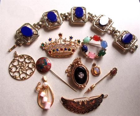 Vintage and Up Jewelry Lot Rhinestone Crown Glass Bracelet Coral Pendant