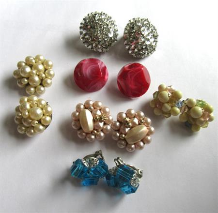 Vintage Clip Earrings Lot Crystal Lucite Cluster Sequins Faux Pearls 50's Accessories