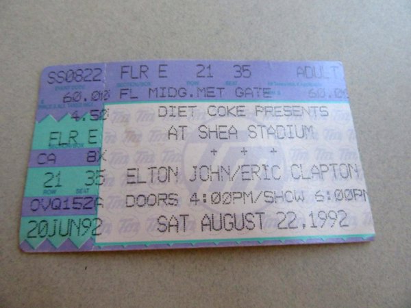Elton John Eric Clapton Concert Ticket Stub Shea Stadium NYC  1992 Music Memorabilia