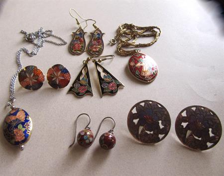 Vintage Cloisonné Jewelry Lot Earrings Pendants  Unicorn Sand Dollar Butterflies Floral