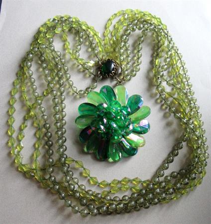 1960's Mod Lucite Green rainbow  Flower Pin and Multi Strand Necklace '60's Accessories