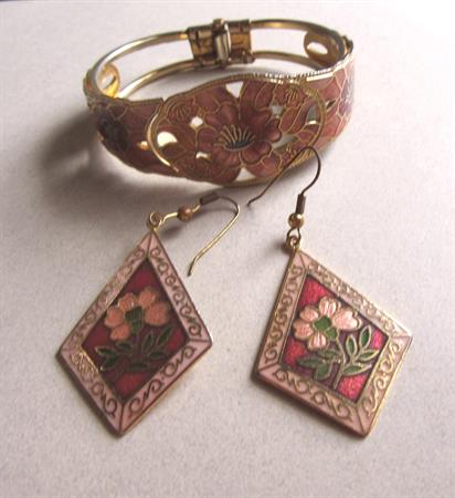 Vintage Cloisonné Hinged Cuff Bracelet and Pierced Earrings