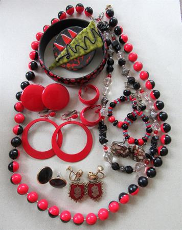 Vintage Black and Red Jewelry Lot Earrings Bracelet Pin