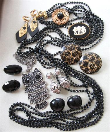 vintage Jewelry Lot 1950's And Up Glass Pierced Clip Earrings Owl Necklace Mod Black Necklace