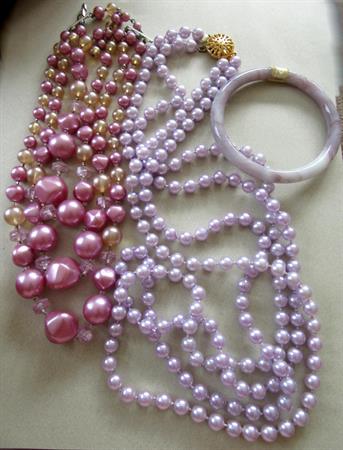 Vintage Purple Multi Strand Necklaces and Glass Swiel Bangle Bracelet Jewelry Lot