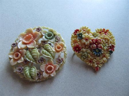Two Sweet Celluloid Daffodil Floral and Heart Pins Occupied Japan Wedding Jewelry Accessories Something Old