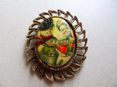 Snowman Martini Cocktails Pin Transfer Glass Brooch Anthropomorphic Holiday Vintage Costume Jewelry Christmas