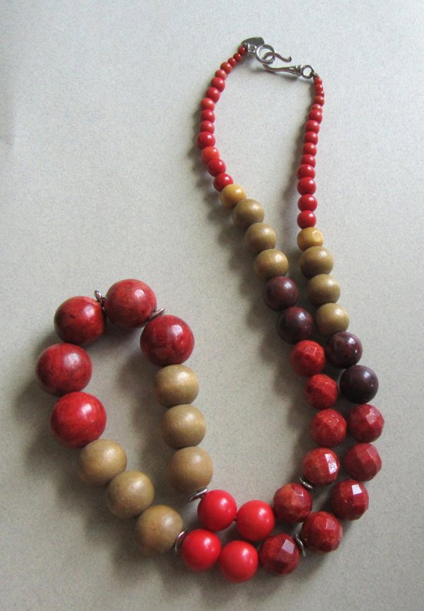 Vintage Sponge Coral Stone and Wood Necklace Fall Colors